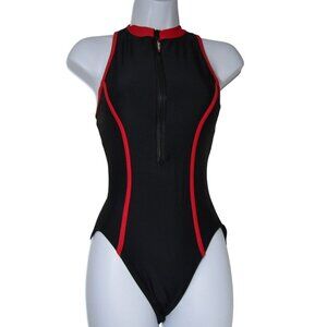 VTG BALTEX High Neck Athletic Zip Front Racer Minimalist One Piece Swim Suit S